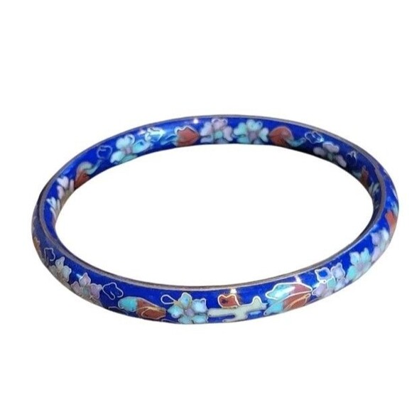 VTG Cobalt Blue Floral Flowers Gold Tone Inlay Cloisonne Enamel Bracelet Bangle - Picture 2 of 5